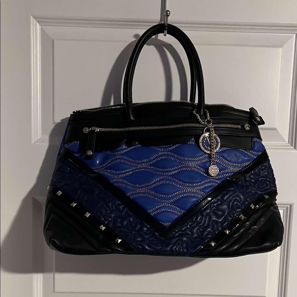 Versace Jeans Collection Black and Blue Textured Satchel